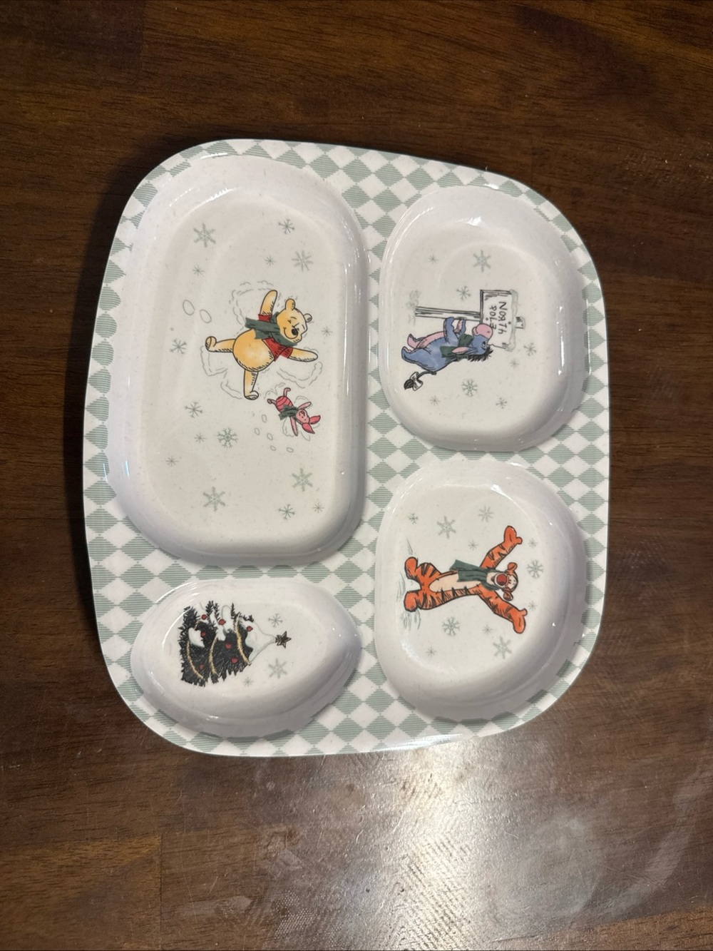 Disney Winnie the Pooh Holiday Divided Serving Tray - White and Green Check